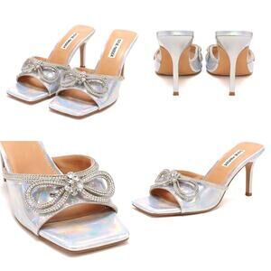 Steve Madden Holographic Bow Mule Heels Iridescent Rhinestone Square Toe 9.5